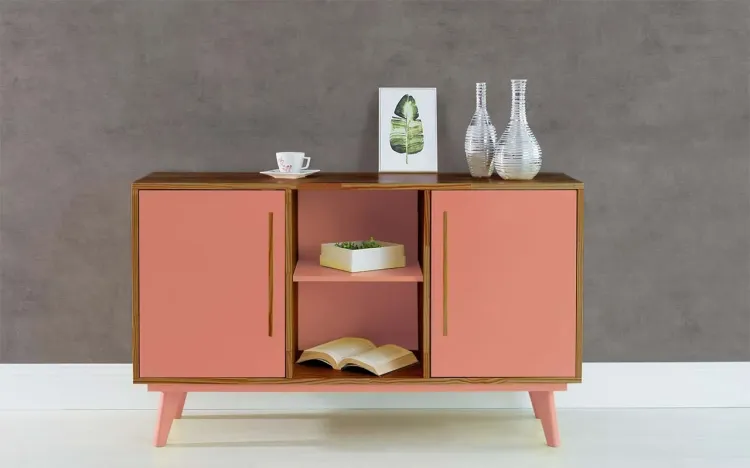 BUFFET PARA SALA DE JANTAR COM PRATELEIRA E 2 PORTAS CELESTE CAPUCCINO E ROSA CORAL 133X40X79,5 CM