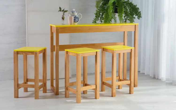 CONJUNTO GOURMET DE MADEIRA TAEDA COM TAMPO MDF MACIÇO OLGA VERNIZ NÓZES E AMARELO 120CM
