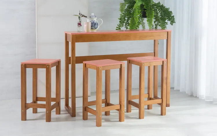 CONJUNTO BISTRÔ DE MADEIRA TAEDA COM TAMPO MDF MACIÇO OLGA VERNIZ CAPUCCINO E ROSA CORAL 120CM