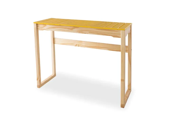 BANCADA GOURMET ALTA DE MADEIRA MACIÇA TAEDA NATURAL COM TAMPO COLORIDO OLGA - VERNIZ NATURAL/AMARELO 120X43X93,5CM