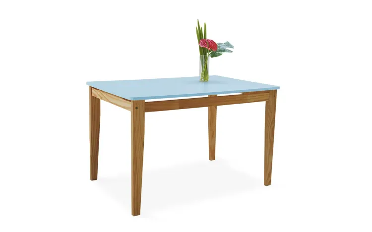 MESA DE MADEIRA TUCUPI ACABAMENTO STAIN NÓZES E AZUL BEBÊ 120X80X76CM 