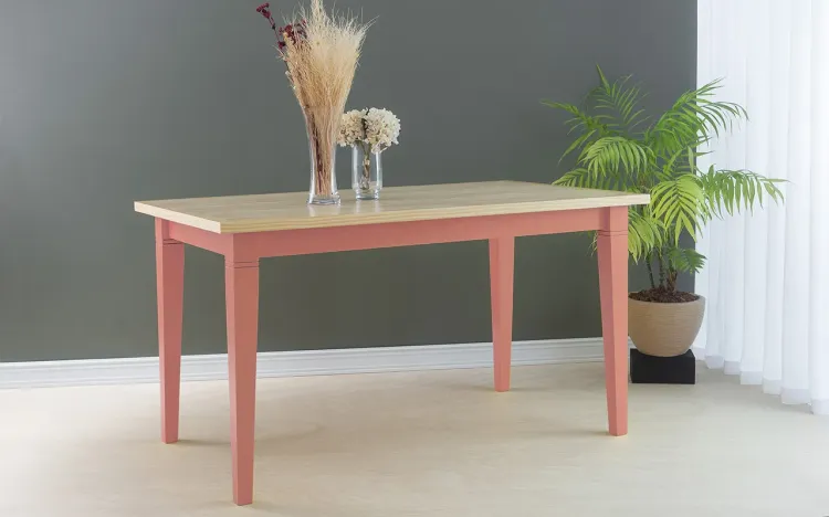 MESA DE MADEIRA MACIÇA PARA SALA DE JANTAR FRISO 140X80X75 CM TAMPO NATURAL PÉS LACA ROSA CORAL