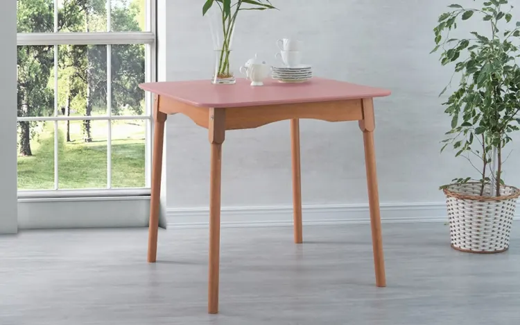 MESA PARA SALA DE JANTAR MIMO BASE VERNIZ JATOBÁ E TAMPO LACA ROSA CORAL 80X80X76CM