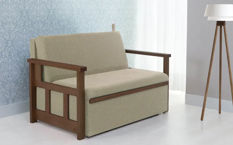 SOFÁ CAMA BEGE DE MADEIRA PARA CASAL AKRO - BICAMA DE MADEIRA VERNIZ CASTANHO TECIDO BEGE - 128X90X85CM