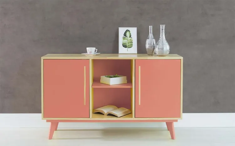 BUFFET PARA SALA DE JANTAR COM PRATELEIRA E 2 PORTAS CELESTE NATURAL E ROSA CORAL 133X40X79,5 CM