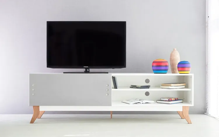 RACK TV VINTAGE 1800 MDF BRANCO PÉS MR  180x44x55 CMADEIRA COR JATOBÁ PORTA CINZA DE CORRE