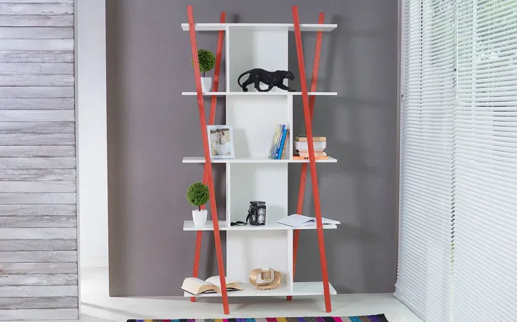 ESTANTE DIVISÓRIA PARA SALA BRANCA MODERNA 5 PRATELEIRAS COM PÉS DE MADEIRA COR VERMELHA SUE 90X38X180 CM