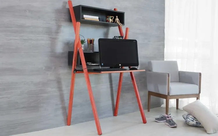 ESCRIVANINHA COM ESTANTE DE PAREDE MODERNA PRETA E VERMELHA PARA QUARTO JUVENIL SUE WOODINN 87x62x158 CM