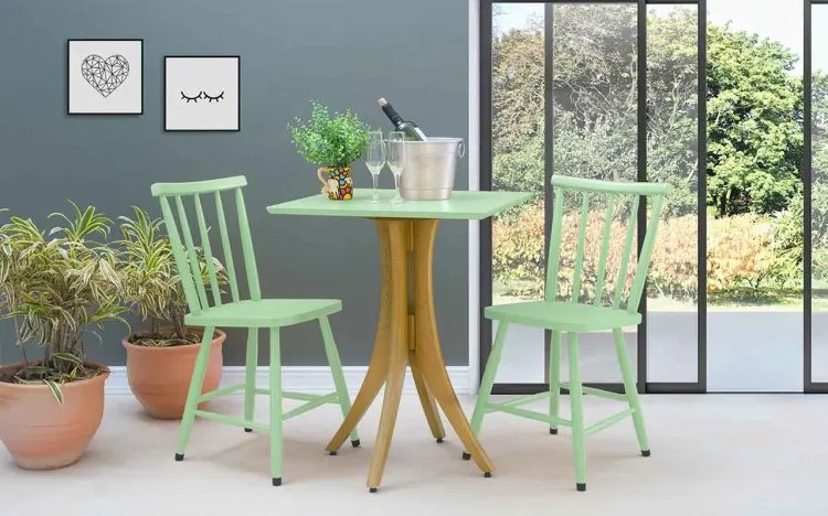 MESA BISTRÔ COM 2 CADEIRAS QUADRADA JULIETTE VERNIZ AMÊNDOA E VERDE SÁLVIA