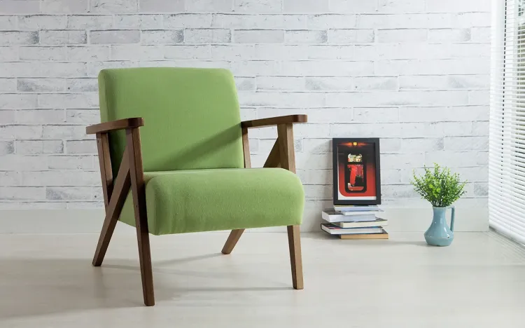 POLTRONA DE MADEIRA DECORATIVA VERDE POLTRONA CONFORTÁVEL PARA SALA E QUARTO VERNIZ CAPUCCINO TEC.942 ANIS 72X76X85 CM