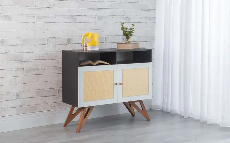 BALCÃO 2 PORTAS COM RATTAN COM NICHO FREDDIE PRETO COM BRANCO E JATOBÁ 90x35x79 CM