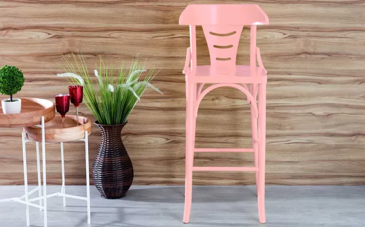 BANQUETA BAR ALTA COM ENCOSTO LACA ROSA BEBÊ AUGUSTINE 39X41X105 CM