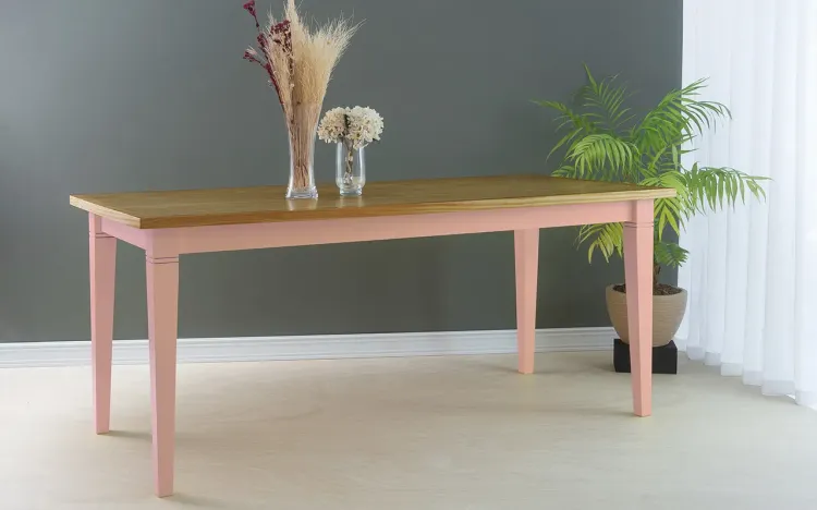 MESA DE JANTAR COM PÉS COLORIDOS FRISO 180X80X75 CM TAMPO NÓZES PÉS LACA ROSA BEBÊ