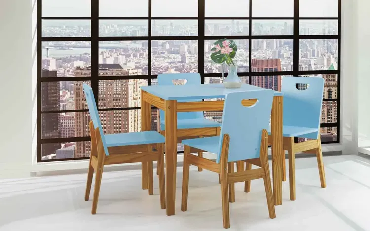 CONJUNTO DE MESA DE JANTAR COM 4 CADEIRAS TUCUPI 80CM ACABAMENTO STAIN NÓZES E AZUL BEBÊ