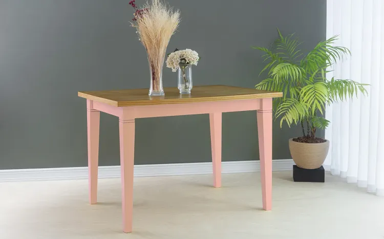 MESA DE JANTAR MADEIRA PARA 6 LUGARES FRISO 110X80X75 CM TAMPO NÓZES PÉS LACA ROSA BEBÊ