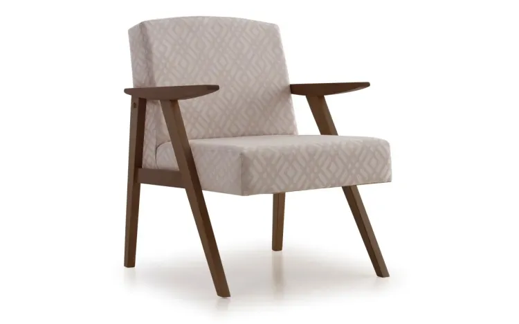 POLTRONA DECORATIVA DE MADEIRA ESTOFADA COM BRAÇOS THÉO - POLTRONA PARA RECEPÇÃO COR FORTUNA VERNIZ CAPUCCINO TEC.142A - 63x71x83 CM