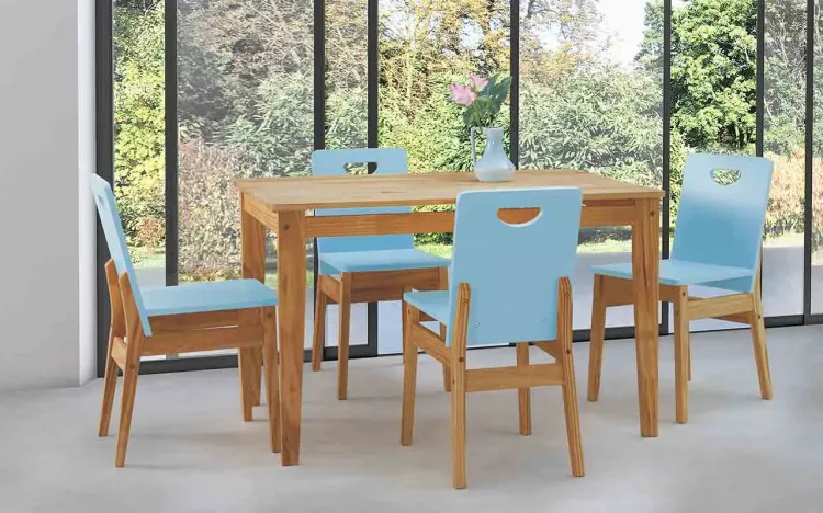 CONJUNTO DE MESA DE JANTAR COM 4 CADEIRAS TUCUPI 120CM ACABAMENTO STAIN NÓZES E AZUL BEBÊ