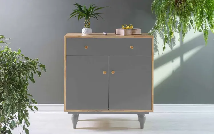 BALCÃO BUFFET PARA SALA DE JANTAR COM GAVETA E 2 PORTAS  SIDERAL PUXADOR BOLINHA NATURAL E CINZA CONCRETO 90X48X98 CM