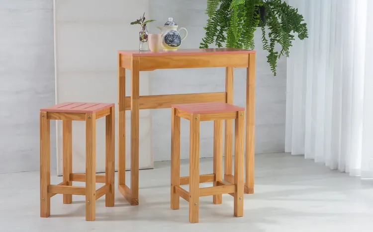 CONJUNTO GOURMET DE MADEIRA TAEDA COM TAMPO MDF MACIÇO OLGA VERNIZ NÓZES E ROSA CORAL 80CM