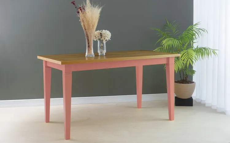 MESA 6 LUGARES DE MADEIRA FRISO 140X80X75 CM TAMPO NÓZES PÉS LACA ROSA CORAL