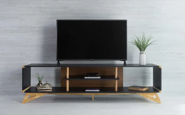 RACK DE TV PRESLEY PRETO 2 NICHOS FREIJÓ E TAEDA NATURAL 180x40x48,5 CM