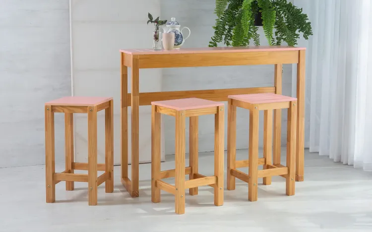 CONJUNTO BISTRÔ GOURMET ALTO DE MADEIRA MACIÇA TAEDA COM TAMPO COLORIDO OLGA VERNIZ NÓZES E ROSA BEBÊ 120CM