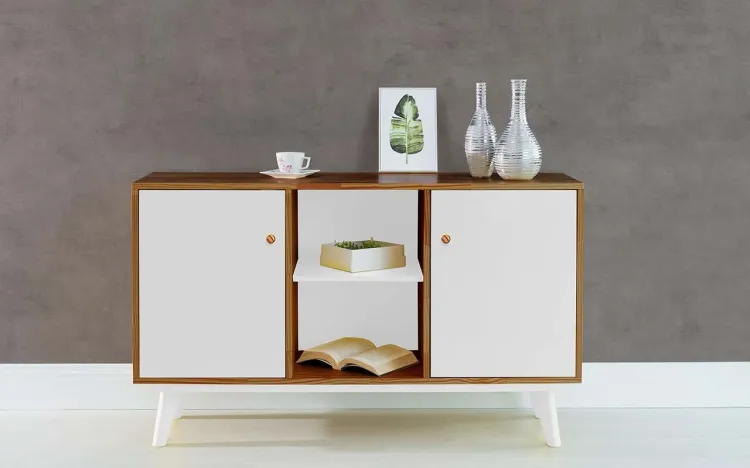 BUFFET PARA SALA DE JANTAR COM PRATELEIRA E 2 PORTAS PUXADOR BOLINHA CELESTE  - CAPUCCINO E BRANCO 133X40X79,5 CM