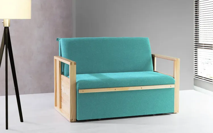 SOFÁ CAMA COMPACTO PARA CASAL AKROPI - SOFÁ BICAMA ESTOFADO VERNIZ NATURAL TECIDO TURQUESA - 128X90X85CM