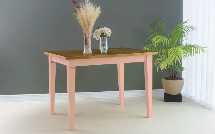 MESA DE MADEIRA JANTAR FRISO 110X80X75 CM TAMPO CAPUCCINO PÉS LACA ROSA BEBÊ