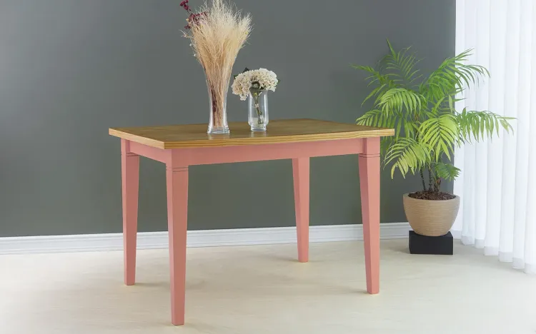 MESA DE JANTAR DE MADEIRA FRISO 110X80X75 CM TAMPO NÓZES PÉS LACA ROSA CORAL