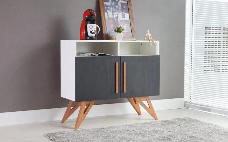 BUFFET PARA SALA DE JANTAR RETRÔ VINTAGE BRANCO DUAS PORTAS PRETAS COM NICHO FREDDIE 90x35x79 CM