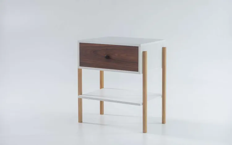 MESA LATERAL COM GAVETA NASH MDF BRANCO COM PAU FERRO E PÉS TAUARI 54X37X60 CM