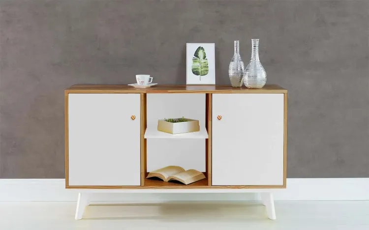 BALCÃO BUFFET COM PRATELEIRA E 2 PORTAS PUXADOR BOLINHA CELESTE NÓZES E BRANCO 133X40X79,5 CM