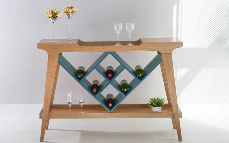 BALCÃO COM ADEGA GOURMET DE MADEIRA MACIÇA COM TAMPO ESPELHADO PUBI VERNIZ AMÊNDOA E AZUL 130X33X90CM