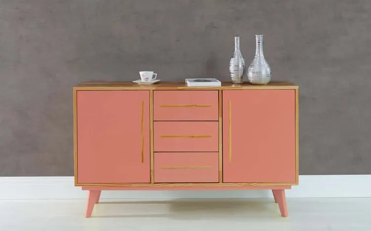 BALCÃO BUFFET COM GAVETA E 2 PORTAS CELESTE NÓZES E ROSA CORAL 133X40X79,5 CM