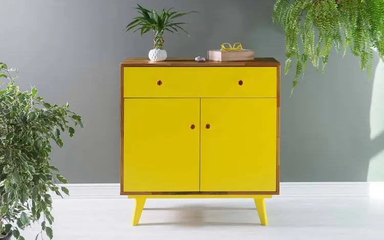 ARMÁRIO 2 PORTAS COM GAVETA CELESTE PUXADOR BOLINHA NÓZES E AMARELO 90X40X98 CM