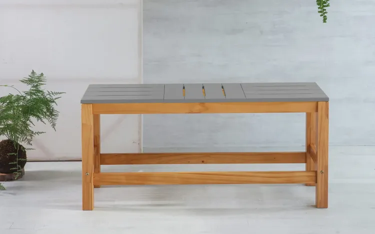 BANCO DE COZINHA SEM ENCOSTO DE MADEIRA MACIÇA TAEDA OLGA 2 LUGARES VERNIZ NÓZES E CINZA CONCRETO 96X32X45CM