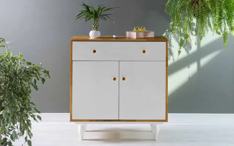 ARMÁRIO COM GAVETA E 2 PORTAS SIDERAL PUXADOR BOLINHA NÓZES E BRANCO 90X48X98 CM