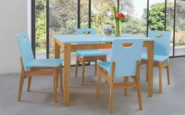 CONJUNTO DE MESA DE JANTAR COM 4 CADEIRAS TUCUPI 120CM ACABAMENTO STAIN NÓZES E AZUL BEBÊ