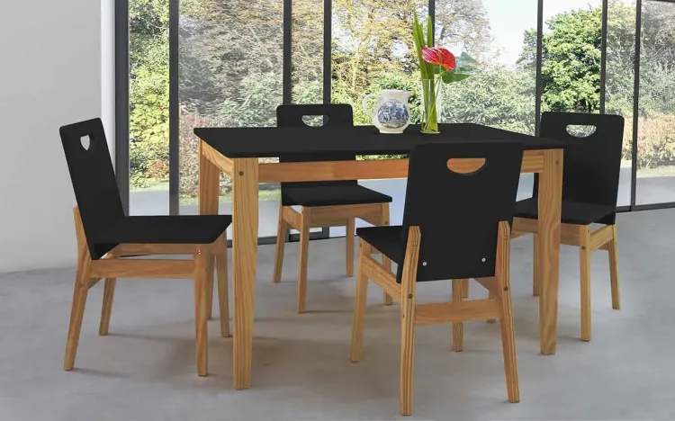 MESA DE JANTAR 4 CADEIRAS TUCUPI ACABAMENTO STAIN NOZES E LACA PRETO 120CM