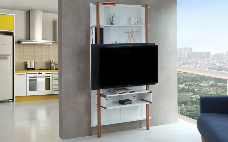 RACK SUSPENSO - PAINEL DE MADEIRA PARA TV BRANCO COM PRETO PARA TV ATÉ 42 POLEGADAS KARL WOODINN - 99,8x25,5x180 CM