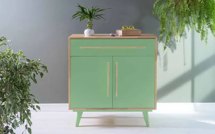 ARMÁRIO COM GAVETA E 2 PORTAS CELESTE NATURAL E VERDE SÁLVIA 90X40X98 CM