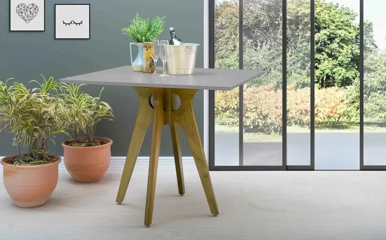 MESA DE JANTAR 4 LUGARES QUADRADA BIANCHI 90X90X77CM AMÊNDOA E CINZA CONCRETO