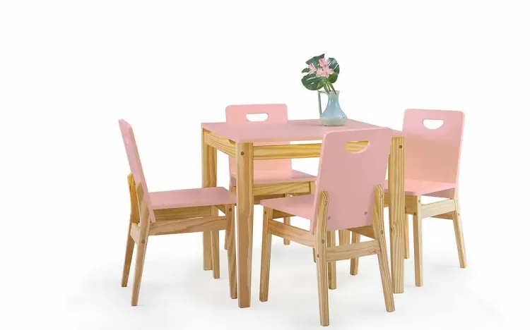 MESA DE JANTAR 4 CADEIRAS TUCUPI 80CM ACABAMENTO STAIN NATURAL E ROSA BEBÊ