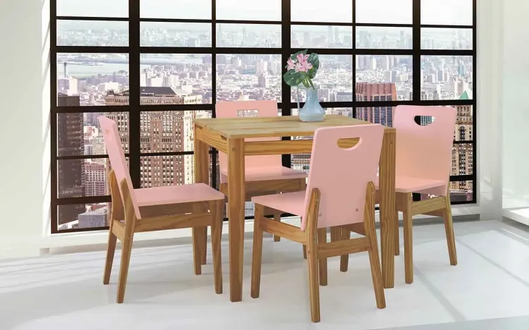 MESA DE JANTAR 4 CADEIRAS TUCUPI 80CM ACABAMENTO STAIN NÓZES E ROSA BEBÊ