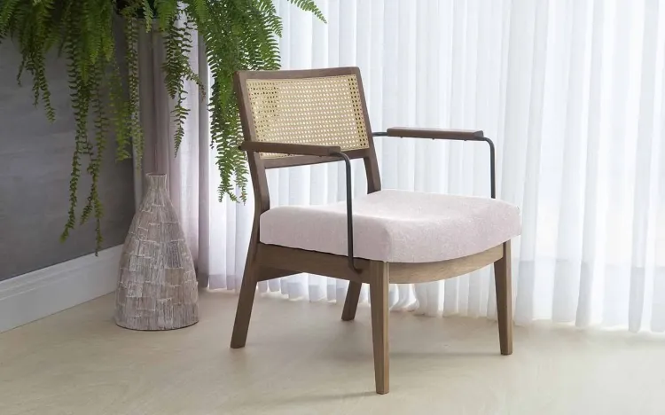 POLTRONA PARA RECEPÇÃO COM PALHINHA BEGE LAVANDA AÇO PRETO VERNIZ CAPUCCINO TEC.924 BEGE 63,5X64X78 CM
