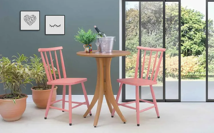 MESA BISTRÔ COM 2 CADEIRAS REDONDA JULIETTE VERNIZ JATOBÁ E ROSA CORAL