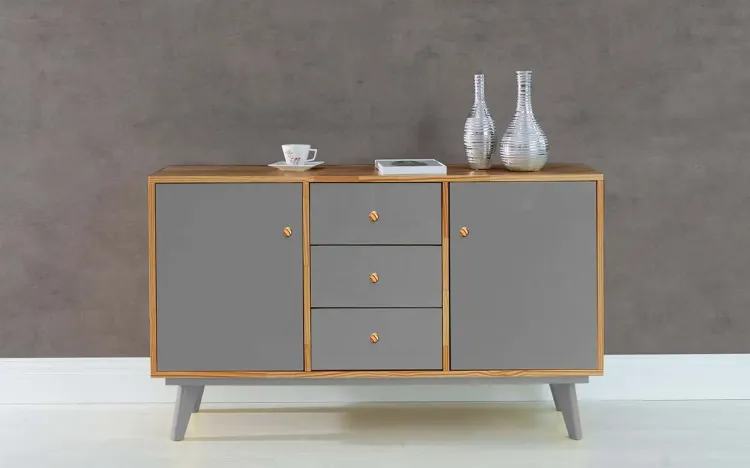 ARMÁRIO 2 PORTAS COM GAVETA PUXADOR BOLINHA CELESTE NÓZES E CINZA CONCRETO 133X40X79,5 CM