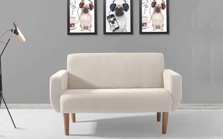 SOFÁ 2 LUGARES PÉS PALITO RETRÔ BEGE LIRIO 140X76X83CM - VERNIZ AMENDOA