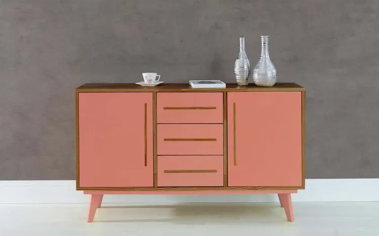 APARADOR BUFFET COM GAVETAS E 2 PORTAS CELESTE CAPUCCINO E ROSA CORAL 133X40X79,5 CM